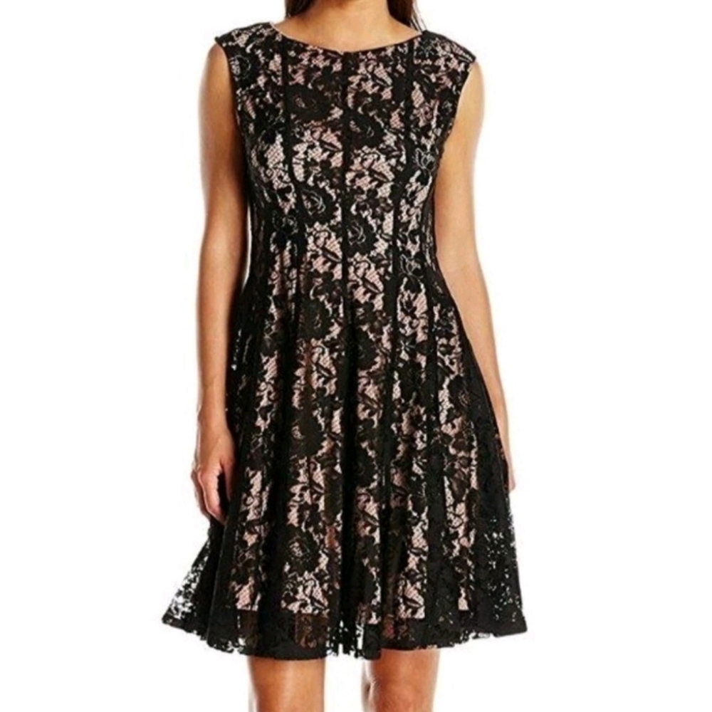Vintage Level Eight Black Lace Sleeveless Dress Tan Nude Lining Plus Size 24W